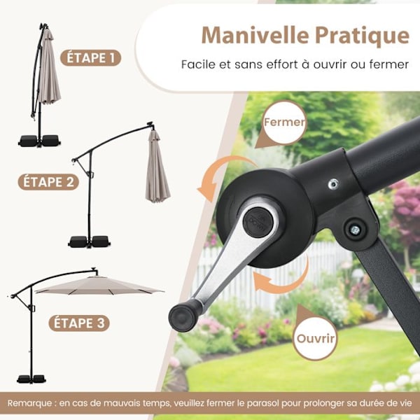 Parasol Deporter 3M med Base 96 LEDs - COSTWAY - Solbeskyttelse - Tipping Rotation 360° - 2 Sandposer - 8 Stænger Beige