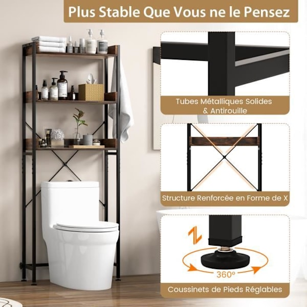 COSTWAY badeværelseshylde - 3 niveauer toiletenhed - 4 kroge - Justerbar stang - Brun kastanj
