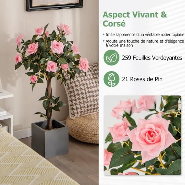 COSTWAY 93 cm kunstig blomstrende rosenbusk, fyrreroser, planteskolepotte, stamme i ægte træ, til veranda, hjemme grönt + rosa + svart