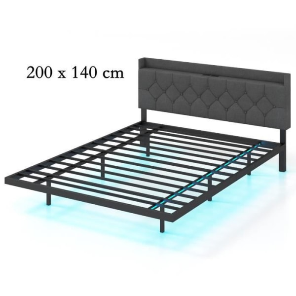 COSTWAY Flydende Sengeramme 200 x 140 cm med LED, Smart APP Control, Justerbar Sengegavl og Ladestation, Grå Grå