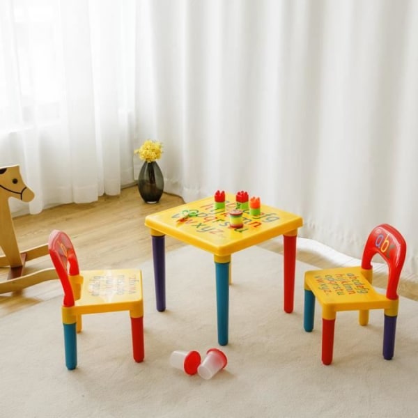 COSTWAY Barnbord och 2 stolar Set Barnrum Aktivitetsbord Alfabettryck, Flerfärgad