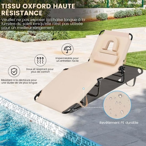 COSTWAY 5-positions justerbar klapstol med nakkestøtte og ansigtshule, til terrasse, camping, 160 kg, beige Beige