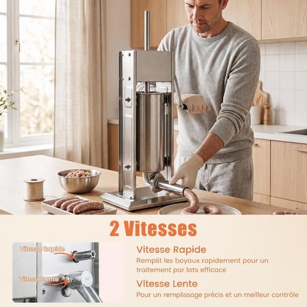 Pølsepresser 5 L Manuel Vertikal COSTWAY, 2 Hastigheder, Rustfrit Stål, 4 Fyldetuber, til Hjem Restaurant Slagter Sølv