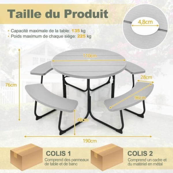 COSTWAY runt picknickbord och 4 bänkar, för 8 personer, paraplyhål, för uteplats, trädgård, grå