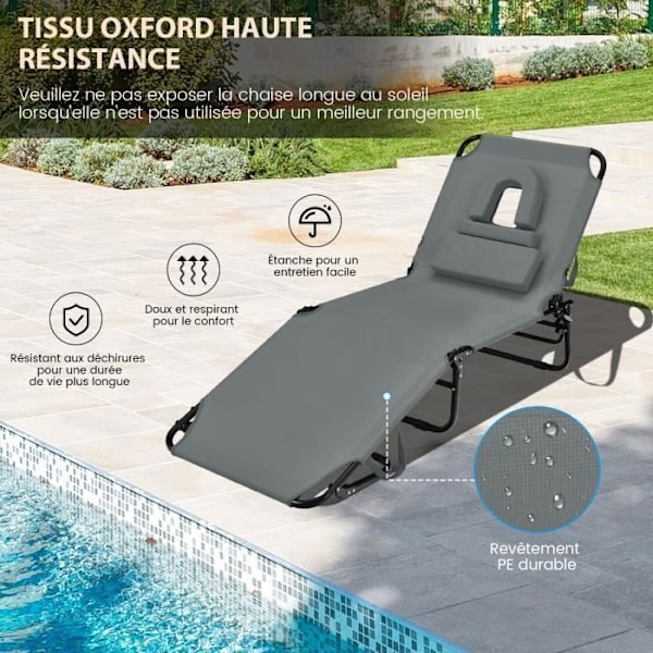 COSTWAY 5-positions justerbar foldbar loungestol - nakkestøtte og ansigtshule, til terrasse, camping, 160 kg, grå Grå