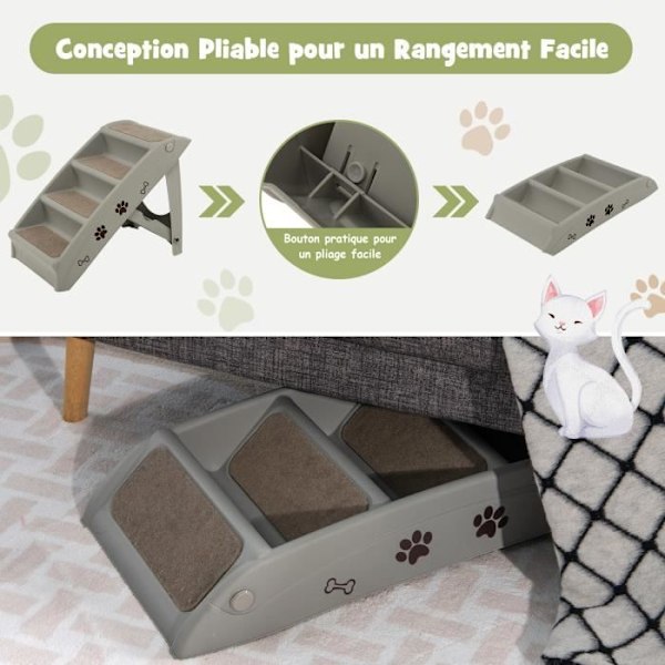 COSTWAY Trapper til Hunde/Katte Folde 4 Plasttrin Belastning 60KG 62,5x38x49CM Blødt filt og skridsikre puder Grå