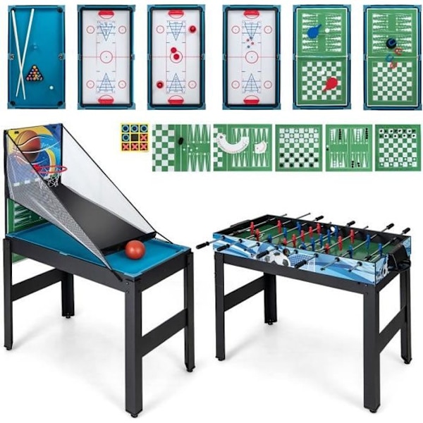 COSTWAY Monipelipöytä 15 in 1-Koripallo-Jalkapallo-Biljardi-Jääkiekko-Keilailu-Ping-pong-Shuffleboard-Lisävarusteet-123 x 105 x 90,5 cm Flerfärgad