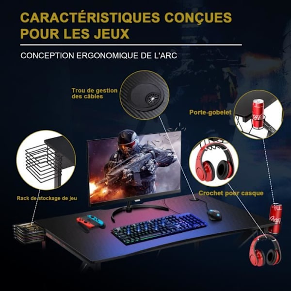 COSTWAY Gaming Desk Pelipöytä pelaamiseen, videotallennus, mukiteline ja koukku 115 x 73 x 76,5 CM Svart