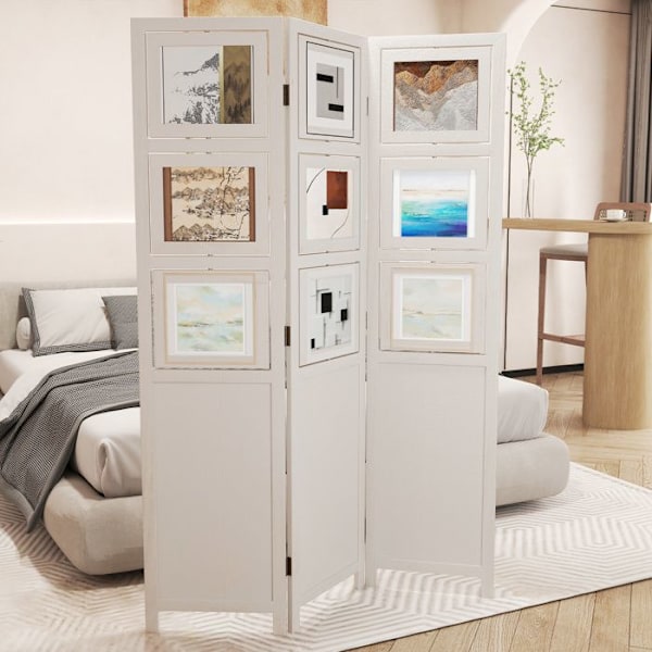 COSTWAY Skärmvägg Rumdelare Avtagbar Inomhus - 3 Paneler - 121 x 170 CM med 9 Snurrbara Fotrahmen Beige Elegans