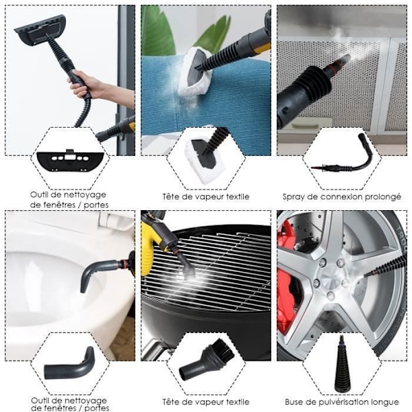 COSTWAY Portabel handhållen ångtvätt 900W-1050W 350ML vattentank 3 bars tryck för hem/auto/uteplats Gul Gul