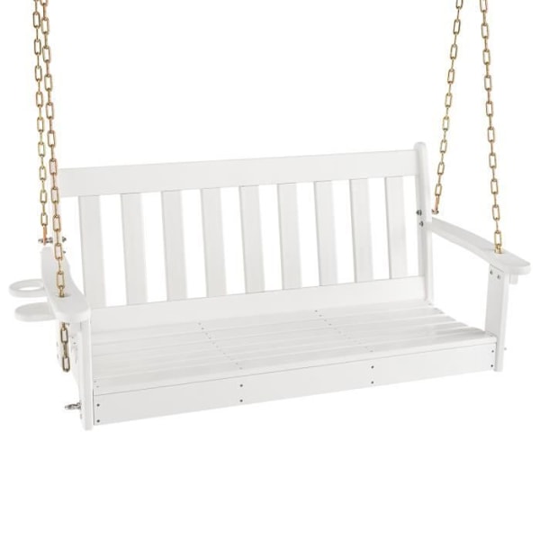 2-personers hængebænk 120 x 46 cm i HDPE COSTWAY-skjult kopholder-Justerbar anti-rust sikkerhedskæder-320 kg-Hvid