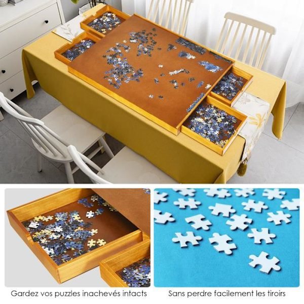 COSTWAY Puslespil til 1000 til 1500 STK Puslebord 80 x 65 cm 4 Sideskydeskuffer i træ Brunt och gult