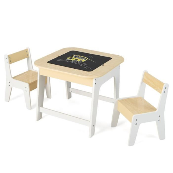 COSTWAY bord med 2 stole til børn 3-6 år - 2-sidet top: sort og hvid, sletbar tegning, skjult opbevaringsplads Svartvitt