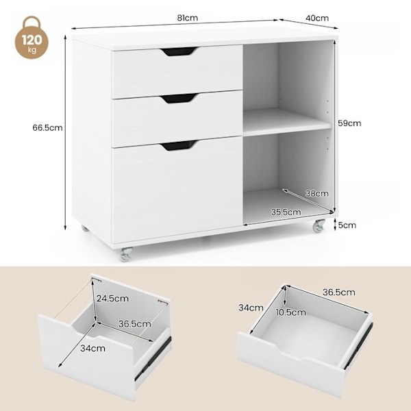 COSTWAY Office Mobilt dokumentskåp 3 lådor & justerbara hyllor & hjul för Letter, A4, 81x40x66.5CM Vit