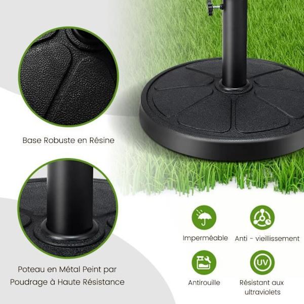 COSTWAY rund parasolbase/stativ 45 cm i harpiks med 2 udtrækkelige håndtag, metalstøttestang 38/48 mm terrasse, have