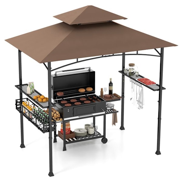 Grilli-Teltta 242x153cm COSTWAY-Kaksi tasoa-2 Sivuhyllyä-Säilytyskori-Ripustuskoukut-Pullonavaaja Ruskea
