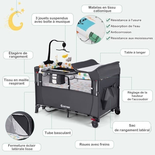 COSTWAY Babyparaplysäng med 5 i 1 hopfällbar madrass - Skötbord, speldosa - 3 leksaker - 4 justerbara armstödshöjder - Grå Grå