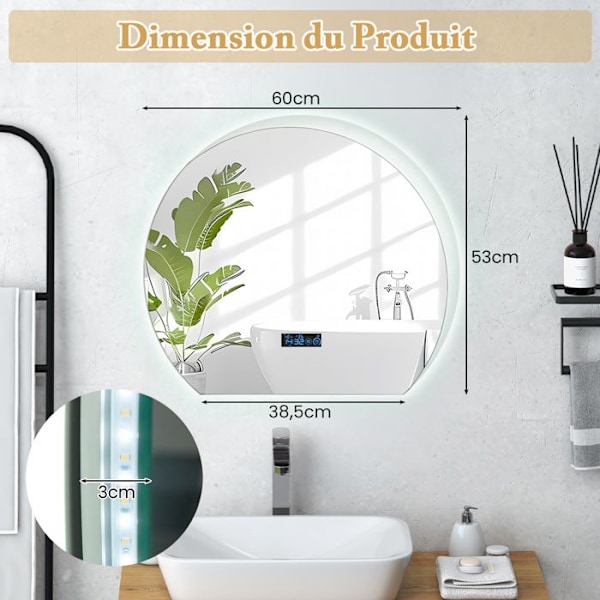 COSTWAY halvcirkel badrumsspegel 3 färg LED-lampor & minnesfunktion & tid-temperatur display 53x60CM Silver Pengar