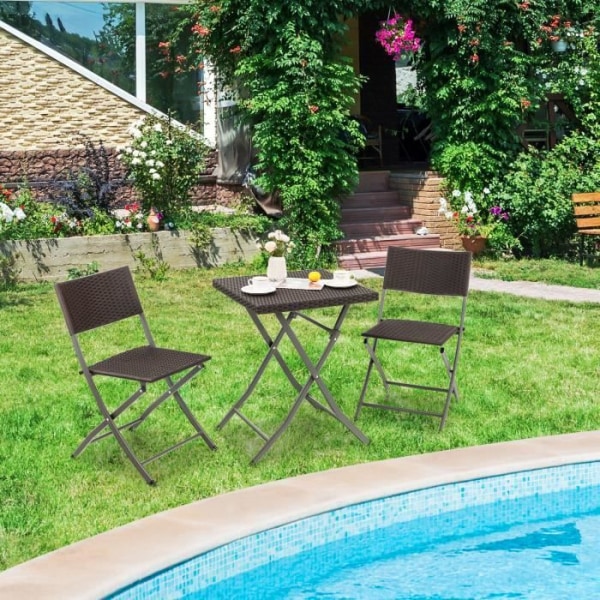 COSTWAY 3-delad polyrotting trädgårdsbord och stolar hopfällbart fyrkantigt bord för bistro, gård, blacon, swimmingpool brun