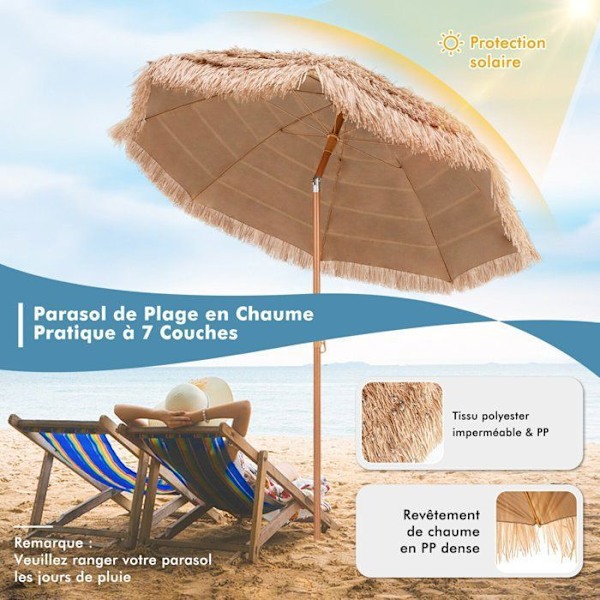 COSTWAY Hawaiian Tilting Beach Paraply - Ø220 x H213,5 cm - 7-lagers PP halmtak - 8 ribbor - 30° justerbar Naturlig