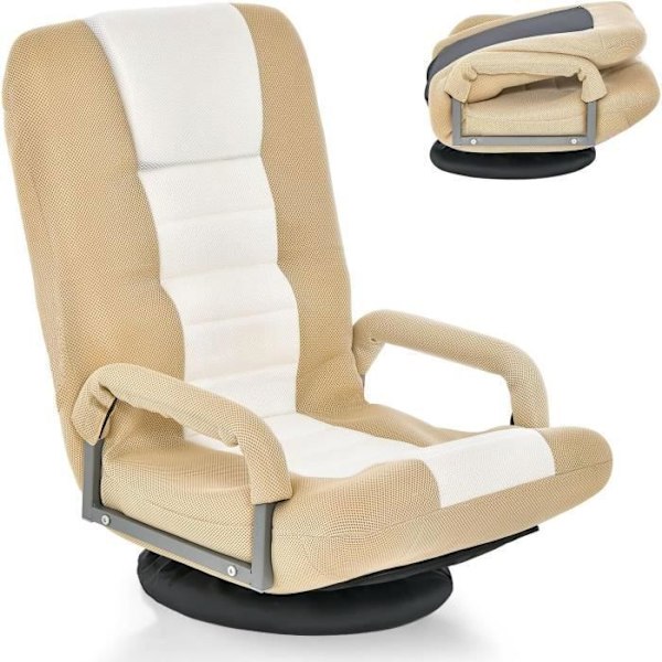 COSTWAY Fældbar Relax Stole, 360° Drejebase, Justerbart Ryg i 6 Positioner, Maksimal Belastning 150 KG Beige Beige och vit