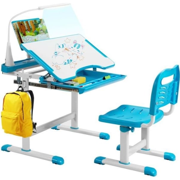 COSTWAY Barnskrivbord och stolset med LED-belysning, lutande topp och skjutlåda, höjdjusterbar, blå