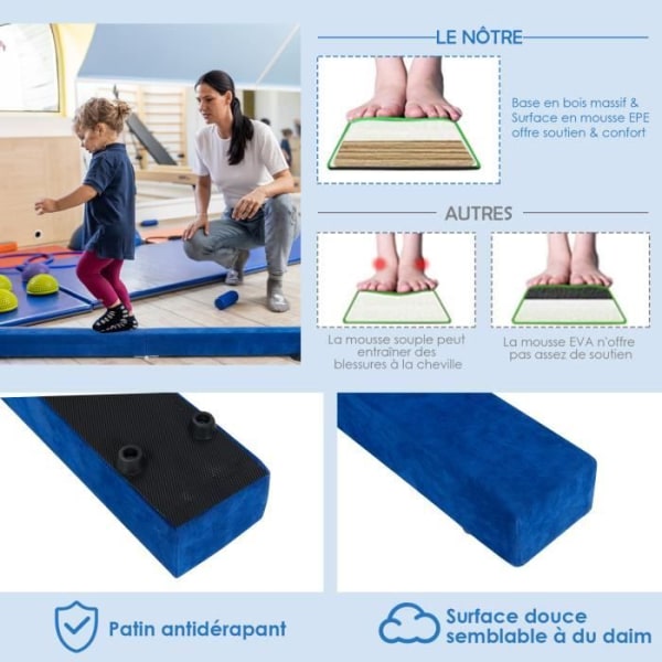 Vikbar gymnastikbalk för barn - COSTWAY - Blå mockaöverdrag - 210 cm - 70 kg