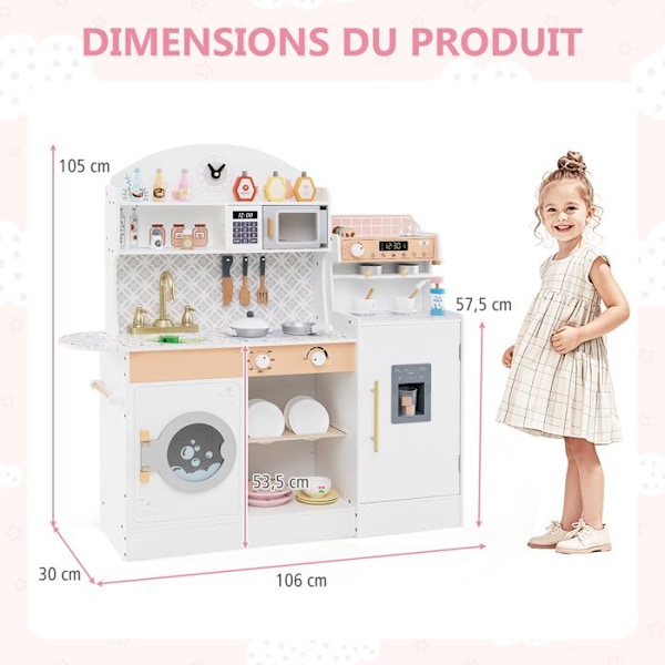 COSTWAY Køkken Børn 3 År+ 26 Tilbehør XXL 106 x 30 x 105 cm (L x B x H) med Vaskemaskine, Ismaskine, Hvid