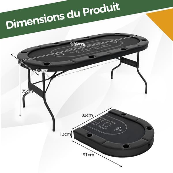 Foldable Poker Table-COSTWAY-for 8 Players-182 x 82 x 75 cm-Oval-8 Cup Holders-Felt Surface-Multifunction-Black