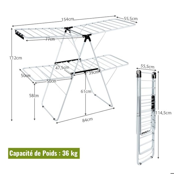 Foldable Tumble Dryer COSTWAY - 33 Bars, 26 Sock Clips - 2-Level Drying Rack Large Drying Surface in Steel