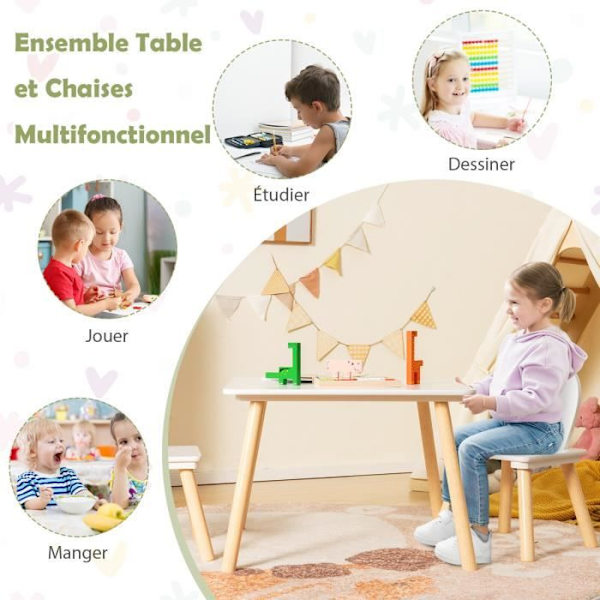 COSTWAY Bord og 2 stole til børn 3-6 år i kaninform, ergonomiske stole til leg Tegning Spise hvid