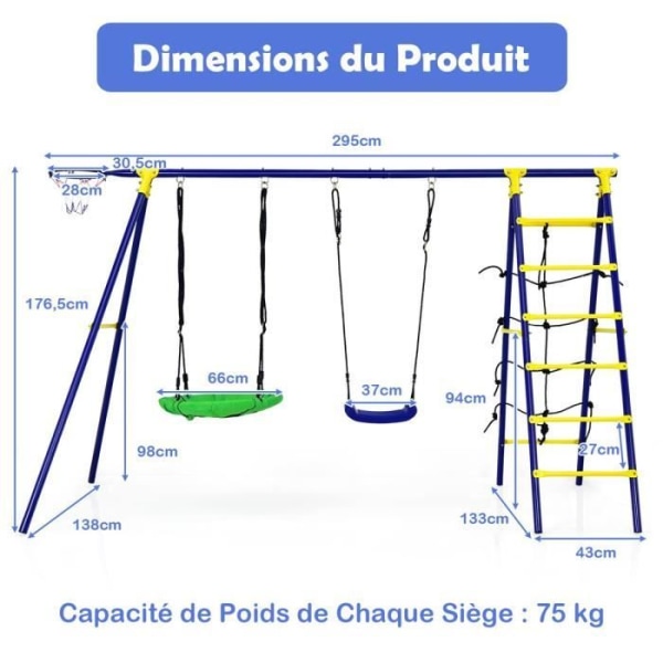 COSTWAY børnegynge med 2 5 i 1 gynger, basketball bøjle, klatrenet, 1 klatrestige form A belastning 75 kg Blå/gul