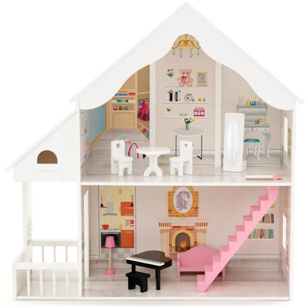 COSTWAY Dockhus - 8 möbler, 2 våningar 81 x 30 x 86 cm, presenter till barn 3 år+ vit Vit