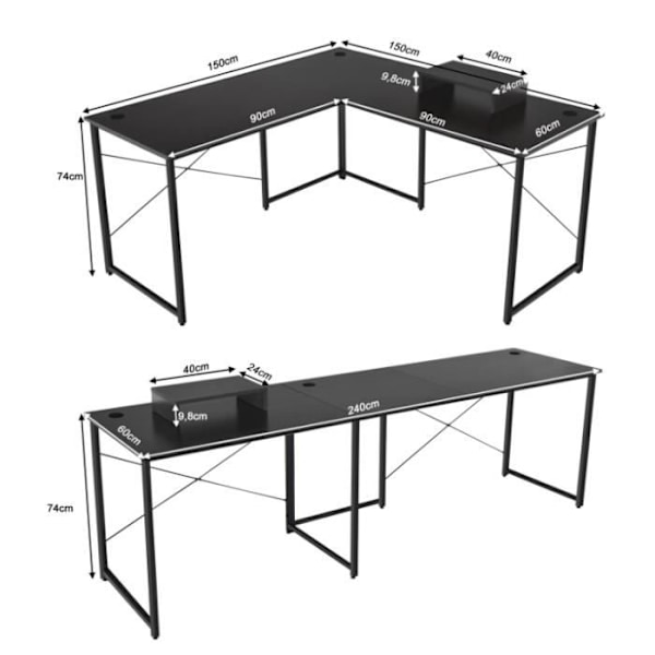 COSTWAY hörnskrivbord - 150 x 150 x 74 CM - Justerbart till rakt skrivbord, stort bord för 2 personer Svart Svart