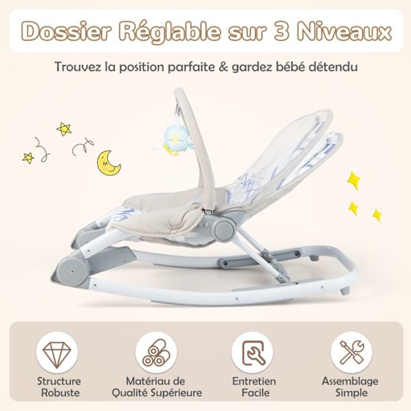 COSTWAY 2 i 1 Baby Bouncer-3 Position Ryggstödsfast sits/avtagbart tvättbart tyg Rocker-Toy Arch-0 till 6 månader 9 kg-Grå
