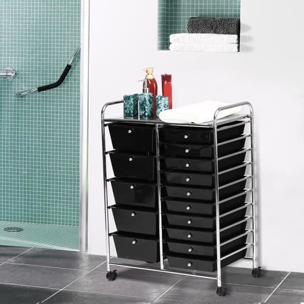 Opbevaringsvogn - 15 Skuffer - Krommet Metal - Sort - 62,5x37x87CM Sort