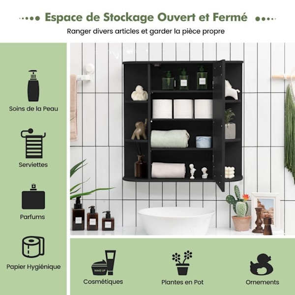 COSTWAY Badeværelsesvægskab med spejl Toiletopbevaring med dør og 6 hylder 65 x 16,5 x 63 CM Sort Svart
