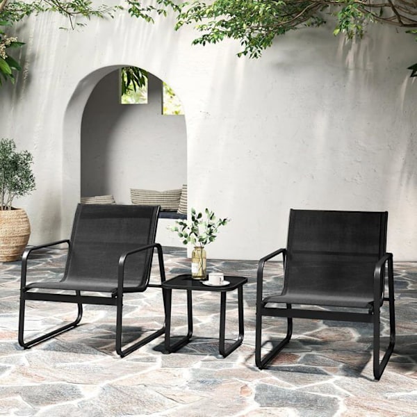COSTWAY Havemøblement med Lav Bord og 2 Stole, Textilène Stof, Belastning 150KG, 3 PCS Patio Møbler til Gård Terrasse, Sort Svart