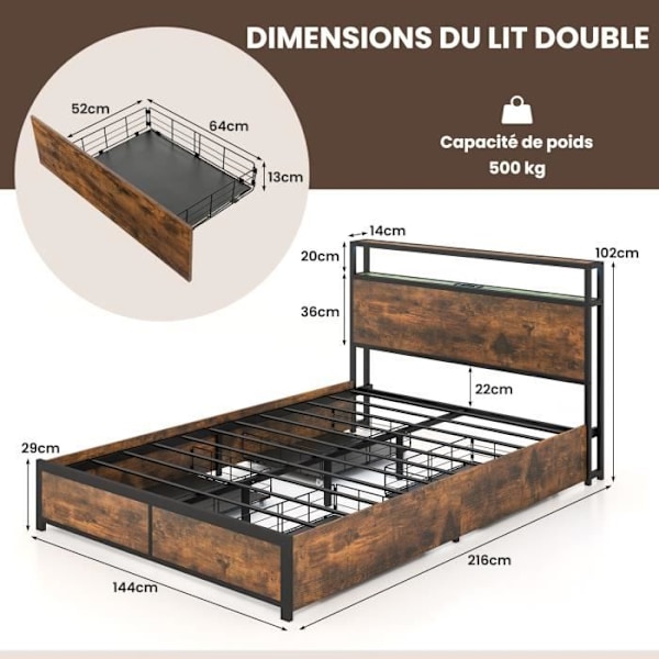 COSTWAY industriel dobbeltseng til voksne 140x200CM - APP kontrol, LED lys, Bluetooth, stikkontakt og 4 skuffer Flerfärgad