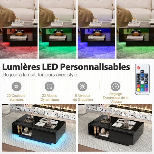 COSTWAY Soffbord - LED-lampor 20 Färger - 95 x 55 x 31 CM - LED Soffbord med Stort Låda och Fack - Svart Svart