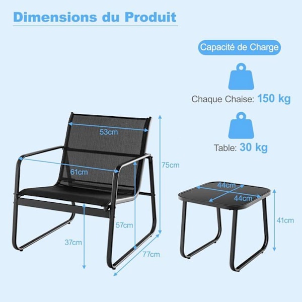 COSTWAY Havemøblement med Lav Bord og 2 Stole, Textilène Stof, Belastning 150KG, 3 PCS Patio Møbler til Gård Terrasse, Sort Svart