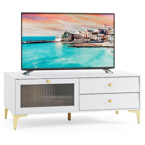 COSTWAY TV-møbel til TV 55" med dør og 2 skuffer, foldbar dør i hærdet glas, til stue, soveværelse, 120 x 62 x 46 cm Vit
