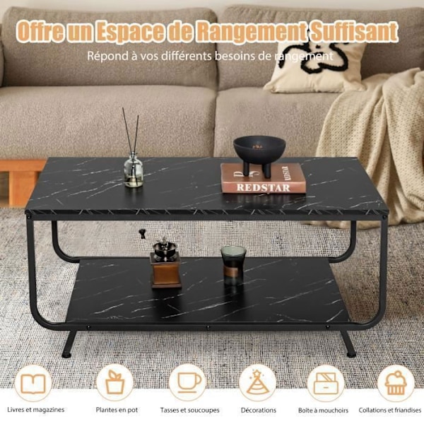 COSTWAY Sofabord med 2 niveauer og marmorlook, 105x55x46,5 CM, moderne rektangulært metalbord i sort