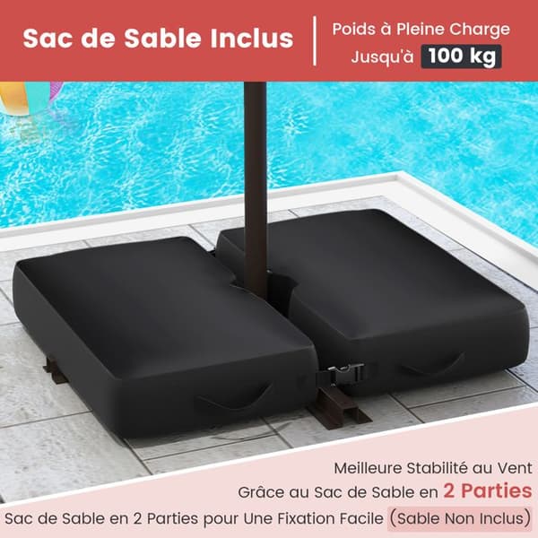 COSTWAY Parasol Déporté 3M med 40 LED-lampor Solpanel 6 timmar, Korsbas Sandsäck UV 20+ Polyester Röd
