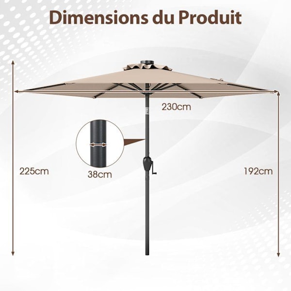 Solparasol 230 cm - 18 LED-lampor - COSTWAY - Insjunkning med knapptryck och vev - Ventilerad däckbrun kastanj