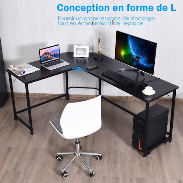 COSTWAY stort hjørneskrivebord L168 x B125 x H74CM - Op til 3 computere med CPU-understøttelse Industriel stil, metalstruktur l Sort Svart