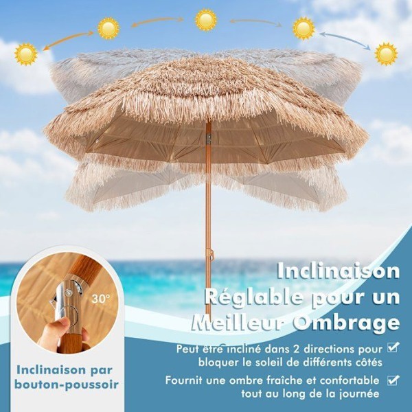 COSTWAY Justerbar Strandparasol Hawaiiansk - Ø220 x H213,5 cm - Tag i 7-lags PP-Strå - 8 Bone - 30° Justerbar Naturlig