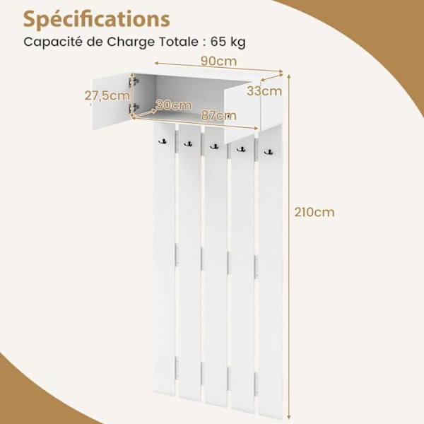 COSTWAY Væghængt Tøjstativ med 10 Kroge og Skab til Gang, Værelse, Badeværelse 90 x 33 x 210 cm (L x B x H) Vit