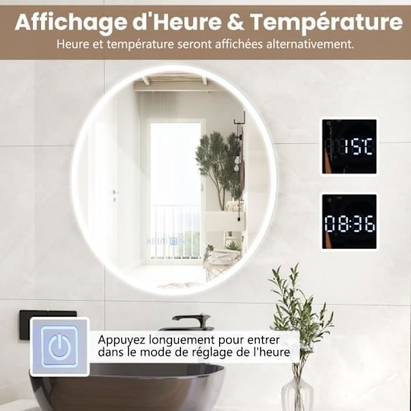 COSTWAY 60 x 60 cm Badeværelsesspejl 3000-6000k, Hukommelsesfunktion, Tid/Temperatur Display, Touch Switch, IP44