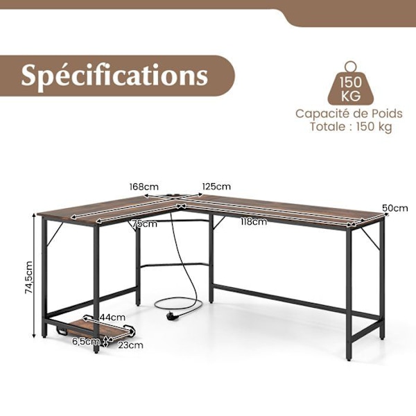 COSTWAY 168 x 125 cm kulmapöytä prosessorin pidikkeellä, 2 pistorasiaa ja USB & Type C -portti, tukeva metallirunko, ruskea